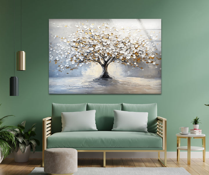 Golden Blossom Tree – Elegant White and Gold Glass Wall Art