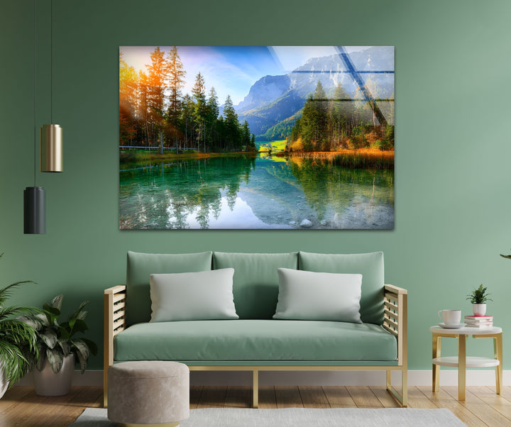 Tranquil Reflections – Alpine Lake and Mountain View Glass Wall Art