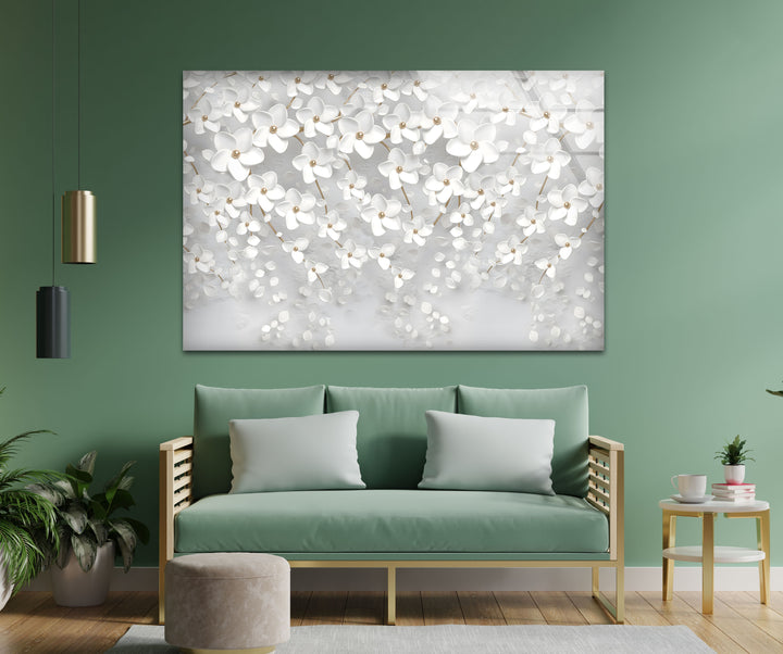 White Blossom Serenity – Elegant Floral Glass Wall Art