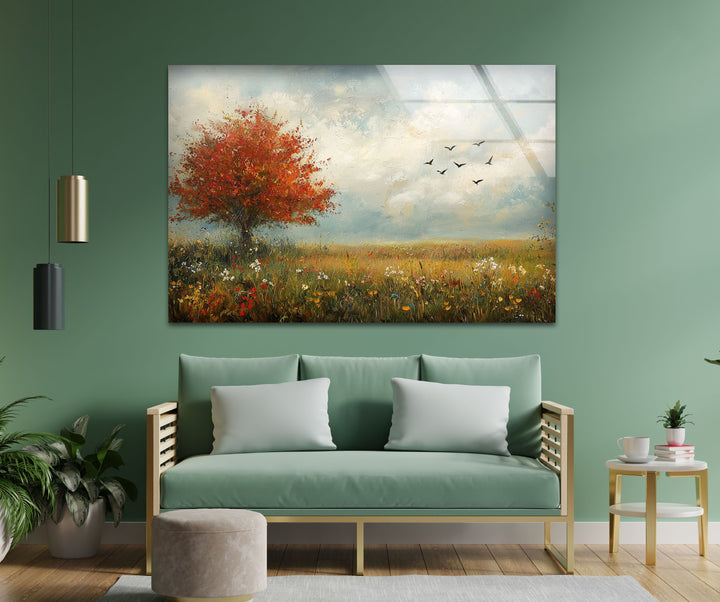 Golden Meadow Breeze – Red Tree in Bloom Glass Wall Art