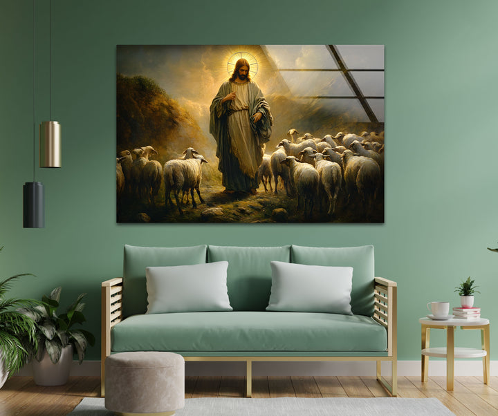 Der gute Hirte – Jesus mit Schafen – Wandbild aus Glas