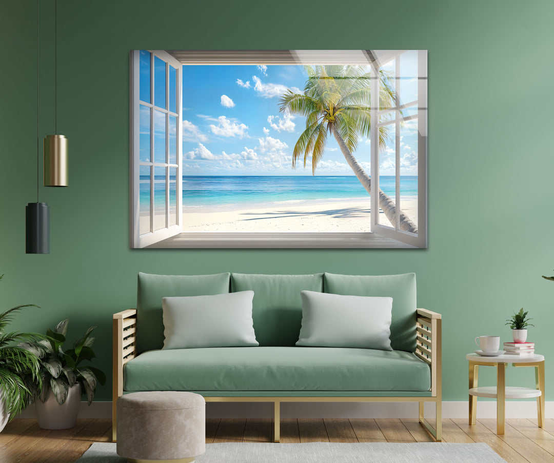 Tropical Escape – Palm Tree Ocean View Glass Wall Art