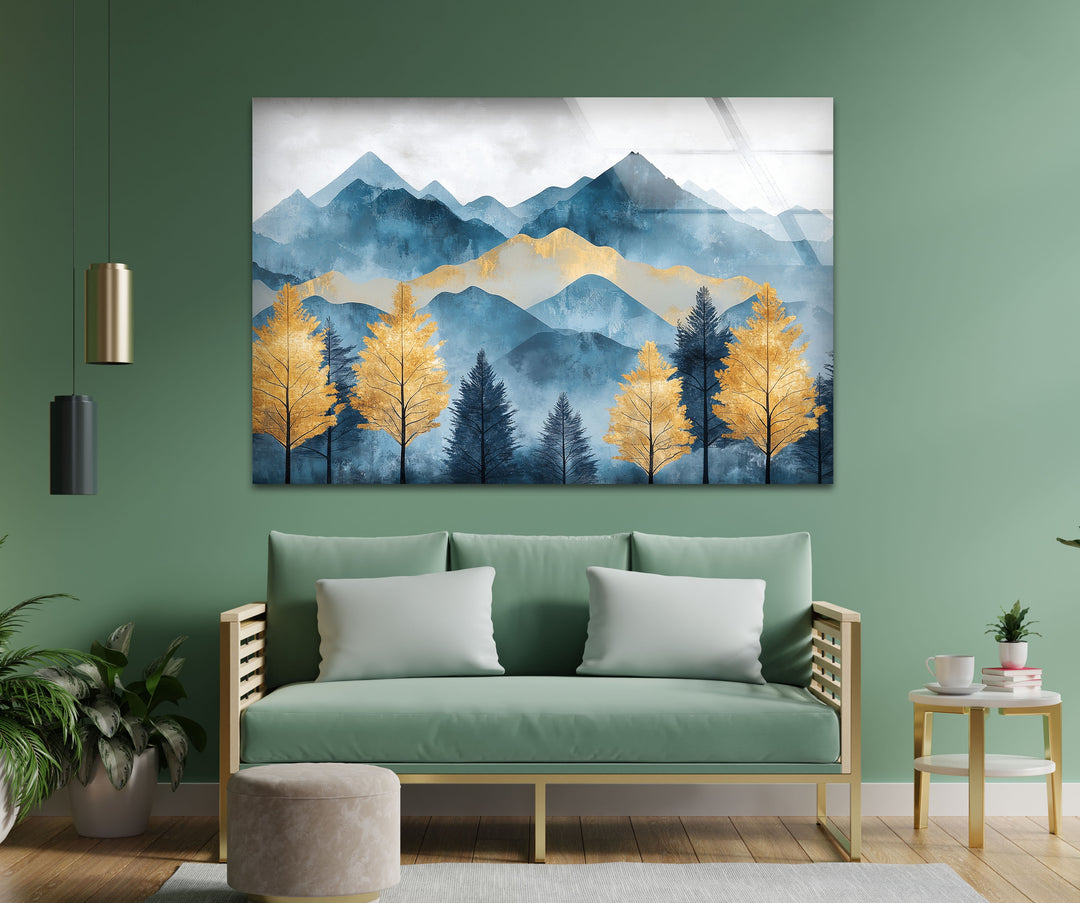 Goldene Kiefern in den Azurbergen – Landschafts-Wandkunst aus Glas