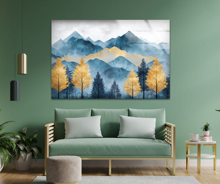 Goldene Kiefern in den Azurbergen – Landschafts-Wandkunst aus Glas
