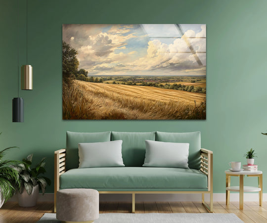 Captured in realistic detail through glass printing, this landscape glass wall art displays a panoramic wheat field under a cloudy horizon, epitomizing nature's beauty.
