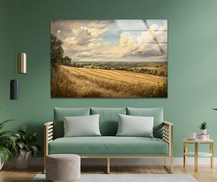 Golden Fields Horizon – Panoramic Wheat Landscape Glass Wall Art