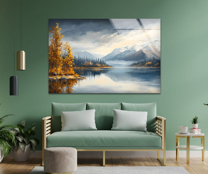 Snow-Capped Mountains and Autumn Trees - Glass Wall Art
