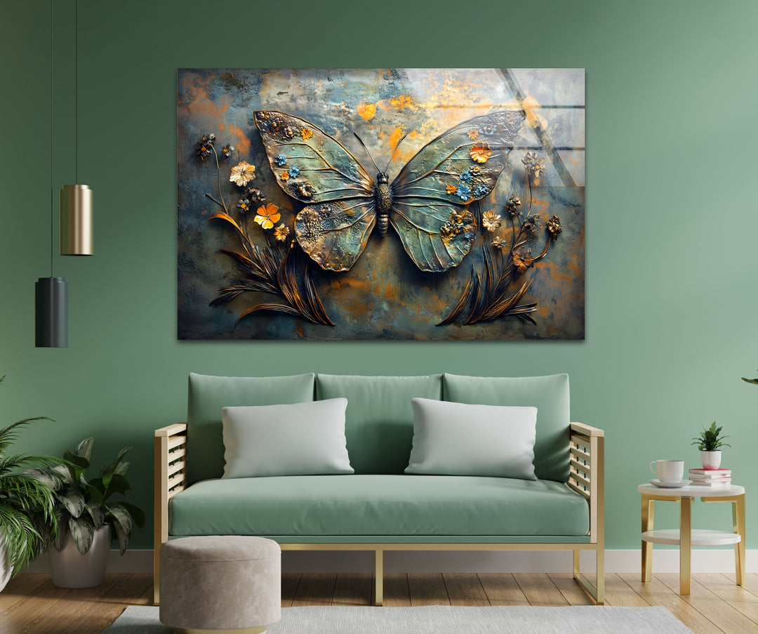 Blühende Flügel – Metallischer Schmetterling mit floralen Akzenten, Glaswandkunst