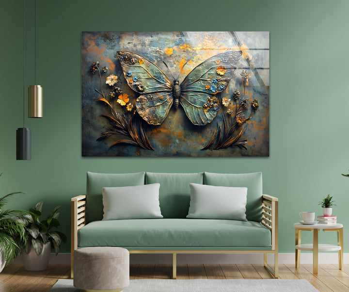 Blühende Flügel – Metallischer Schmetterling mit floralen Akzenten, Glaswandkunst