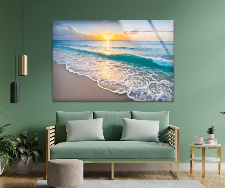 Serene Shoreline – Sunset Ocean Glass Wall Art