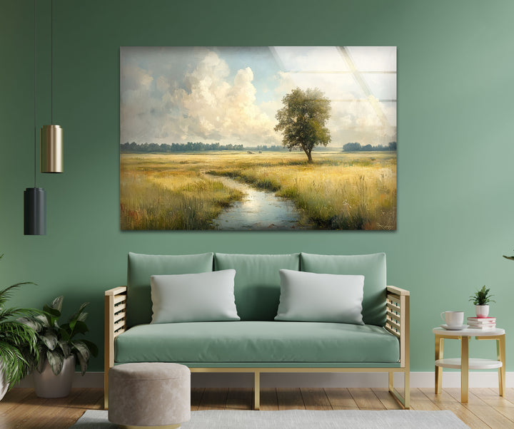 Goldene Wiese – Friedliches Feld mit einsamem Baum, Glaswandkunst