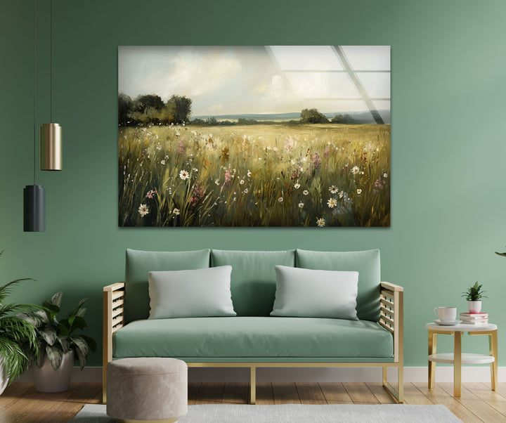 Golden Meadow Breeze – Wildflower Field in Soft Sunshine Glass Wall Art