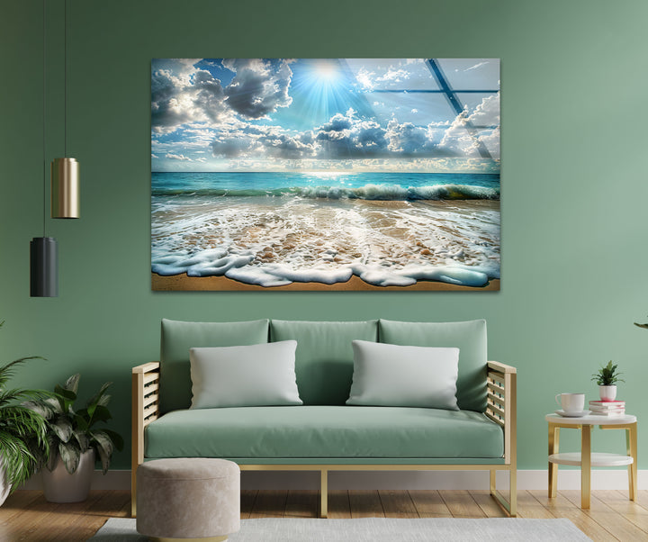 Sunlit Ocean Waves and Sandy Beach - Glass Wall Art