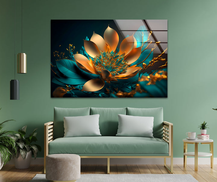 Golden Bloom Radiance – Modern Glass Wall Art