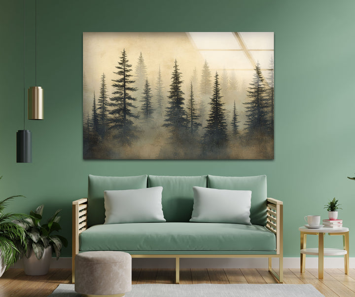 Whispers in the Pines – Misty Forest Scene Glass Wall Art