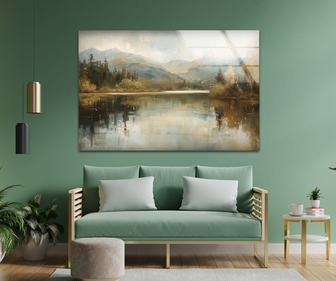 Tranquil Mountain Reflection – Misty Lake Scene Glass Wall Art
