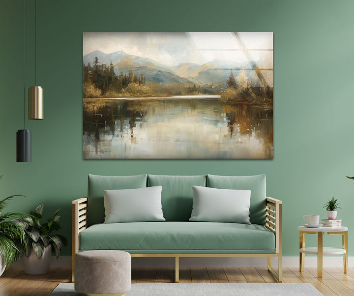 Tranquil Mountain Reflection – Misty Lake Scene Glass Wall Art