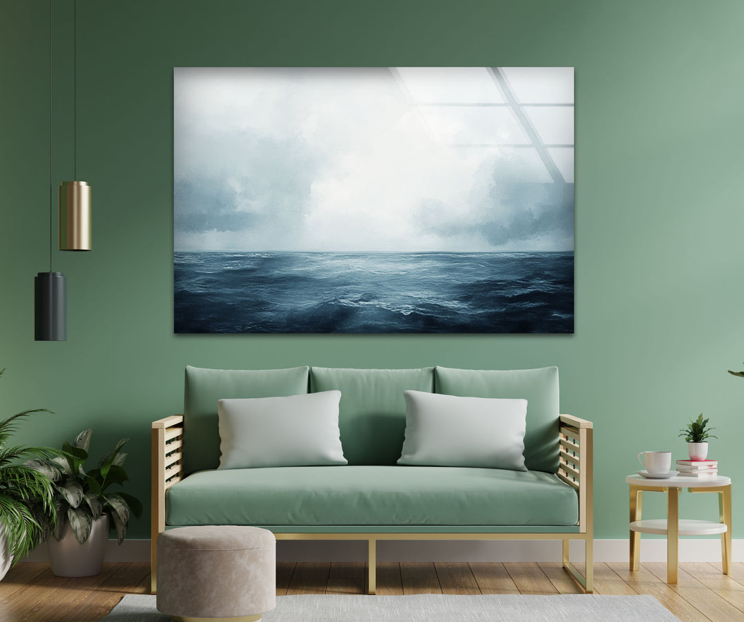 Endless Blue Horizon – Minimalist Ocean and Sky Glass Wall Art