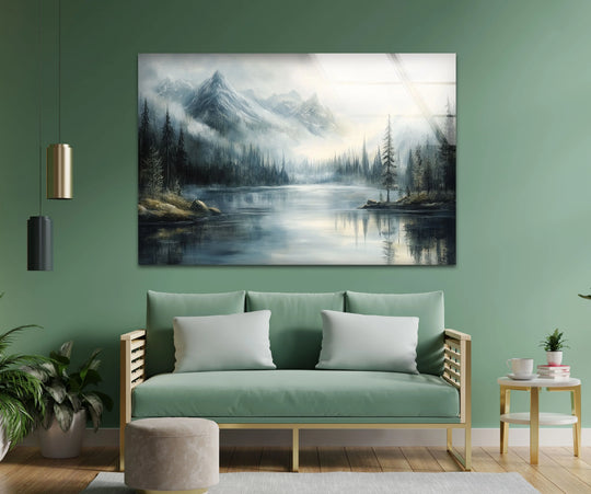 The stillness of the misty mountain lake is captured in the glass wall artwork reflecting whispering pines, offering a serene landscape view.