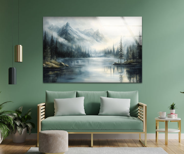 Whispering Pines – Misty Mountain Lake Glass Wall Art