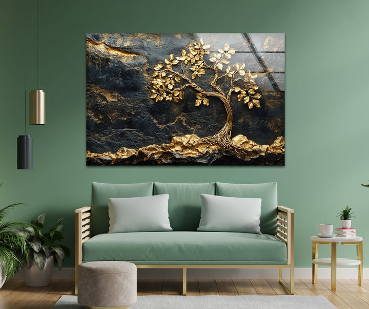 Golden Roots Tree – Strukturierte Luxus-Wandkunst aus Glas