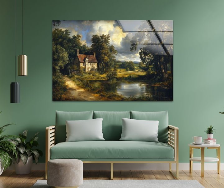 Cottage by the Pond – Vintage Countryside Landscape Glass Wall Art