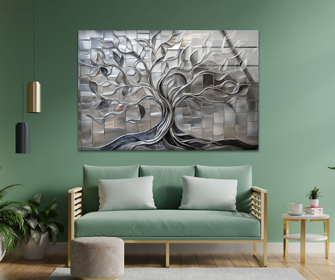 Radiant Silver Tree – Geometric Tile Design Glass Wall Art