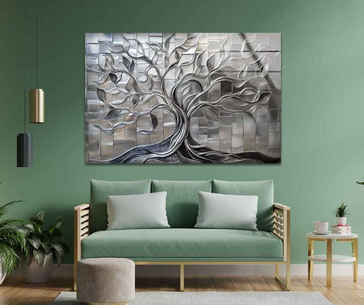 Radiant Silver Tree – Geometric Tile Design Glass Wall Art