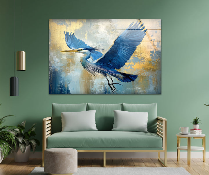 Wings of Sapphire – Blauer Reiher im Flug, Glaswandkunst