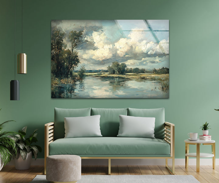 Tranquil Reflections – Serene Countryside River Glass Wall Art