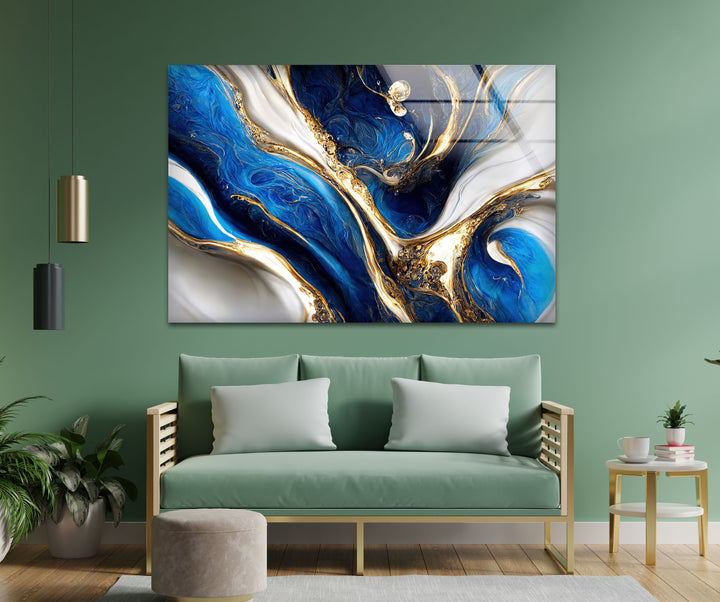 Celestial Currents – Blue and Gold Abstract Glass Wall Art