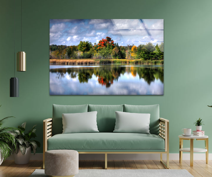 Autumn Reflections – Scenic Forest Lake Glass Wall Art