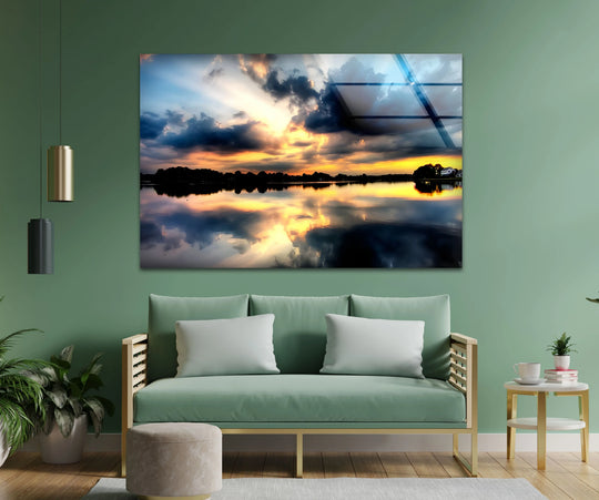Layering effect is beautifully captured in this reflections of heaven sunset lake glass wall artwork with the sky and water creating depth in glass wall artwork.