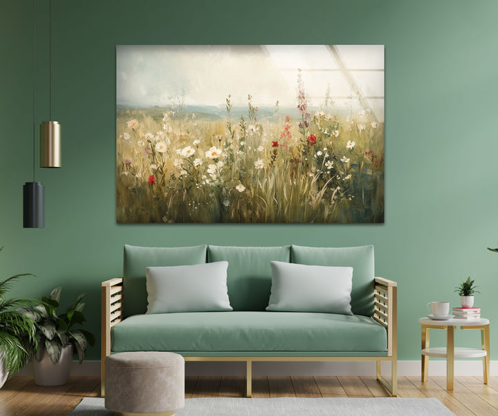 Wildflower Bloom – Tranquil Meadow Scene Glass Wall Art