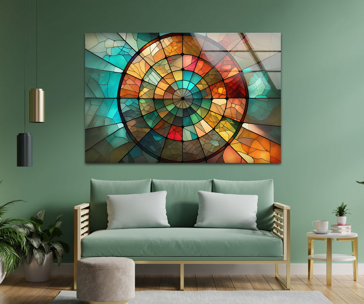Rustikale Mosaik-Wandkunst aus Buntglas – Erdiges rundes Fensterdesign