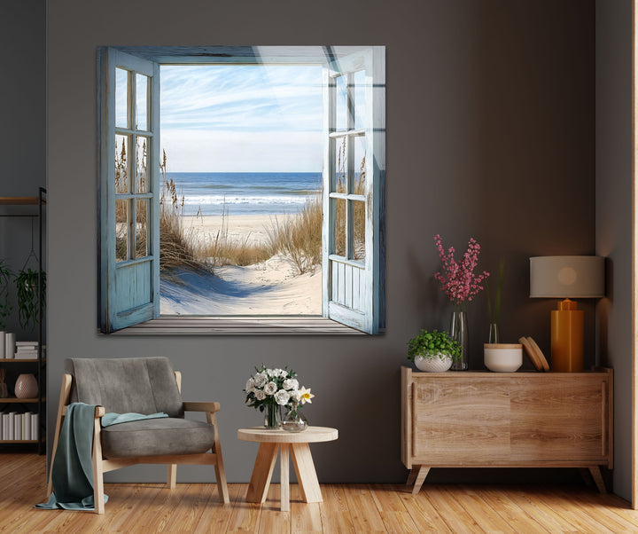 Ocean Breeze Escape – Open Window View Glass Wall Art