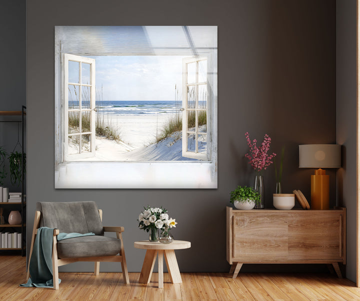 White Sands Serenity – Open Window Coastal Glass Wall Art