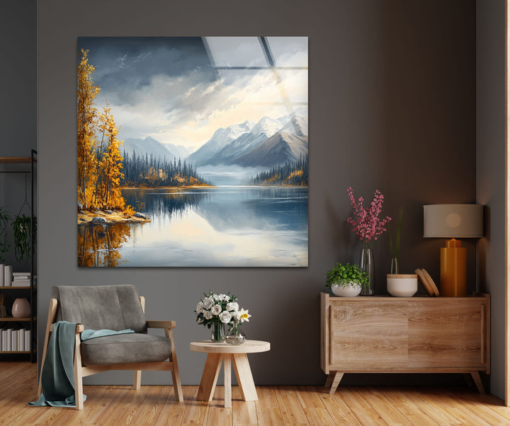 Snow-Capped Mountains and Autumn Trees - Glass Wall Art