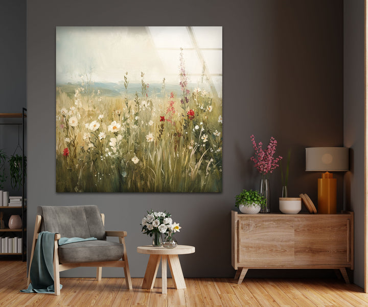 Wildflower Bloom – Tranquil Meadow Scene Glass Wall Art
