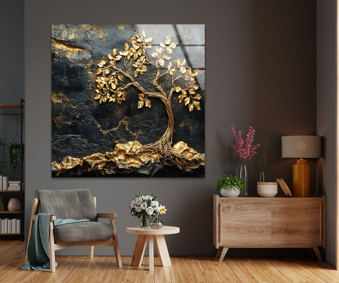 Golden Roots Tree – Strukturierte Luxus-Wandkunst aus Glas