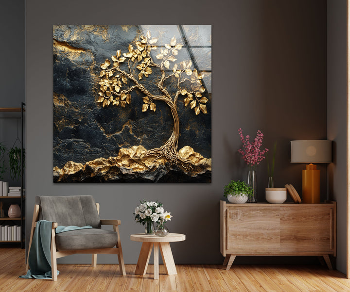 Golden Roots Tree – Strukturierte Luxus-Wandkunst aus Glas