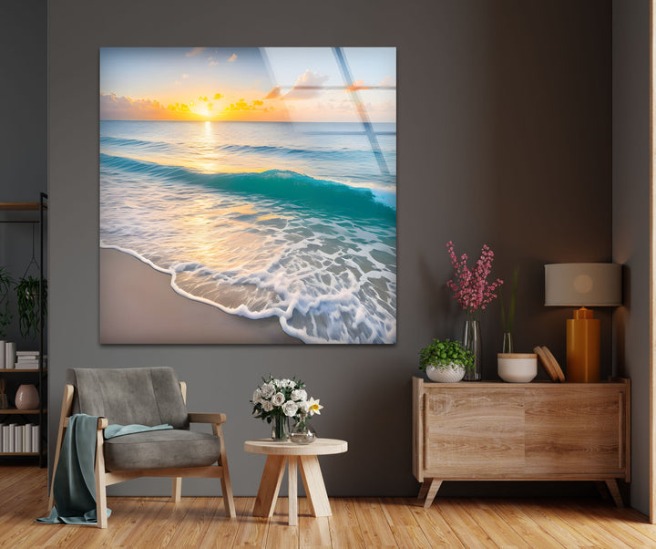 Serene Shoreline – Sunset Ocean Glass Wall Art