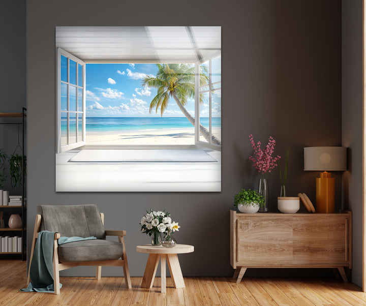 Tropical Escape – Palm Tree Ocean View Glass Wall Art