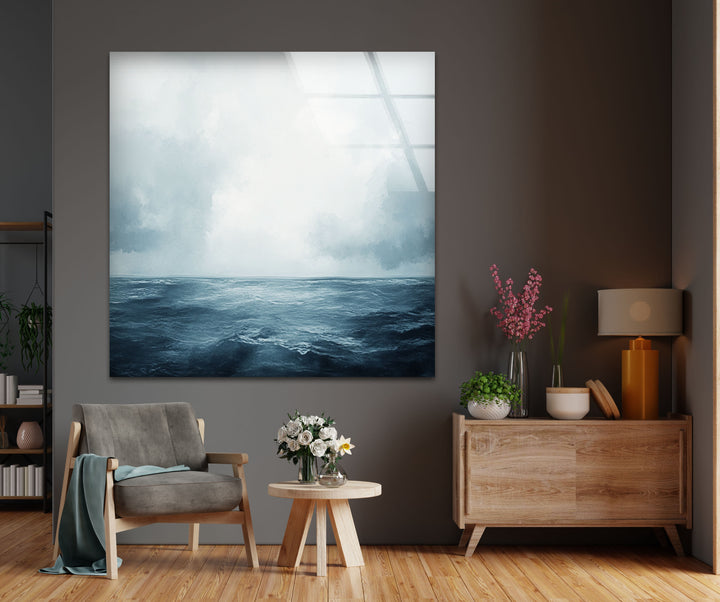 Endless Blue Horizon – Minimalist Ocean and Sky Glass Wall Art