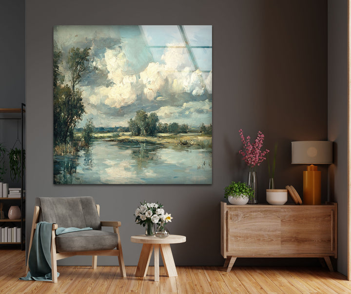Tranquil Reflections – Serene Countryside River Glass Wall Art