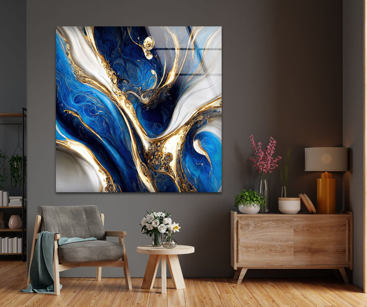 Celestial Currents – Blue and Gold Abstract Glass Wall Art
