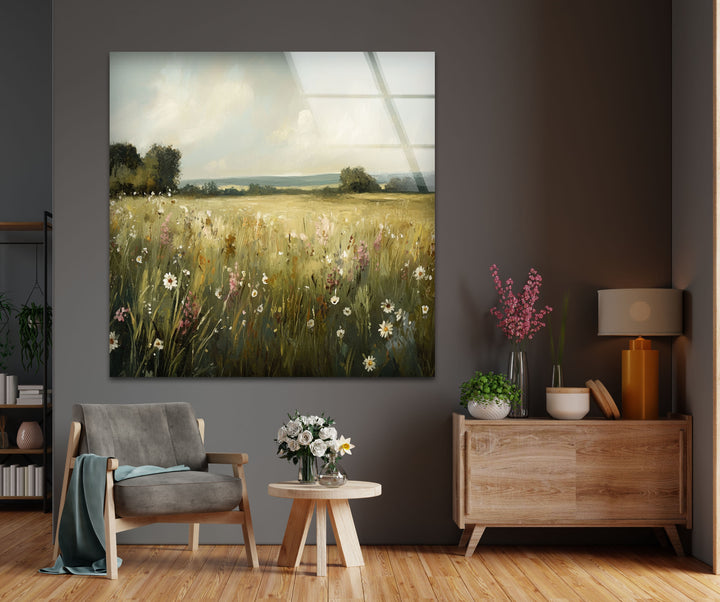 Golden Meadow Breeze – Wildflower Field in Soft Sunshine Glass Wall Art