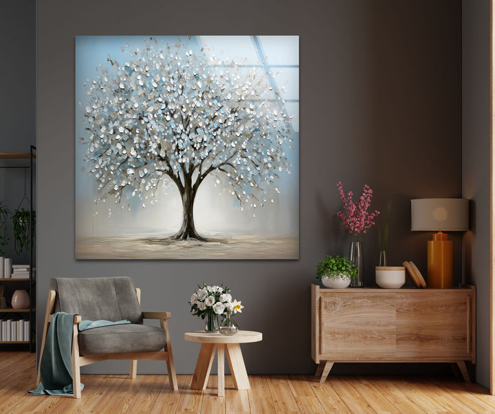 Blossoming Serenity Tree – Textured Modern Nature Glass Wall Art