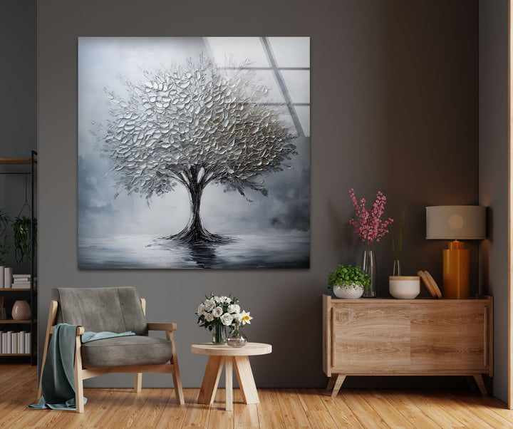 Silver Serenity – Moderne strukturierte Baumglas-Wandkunst