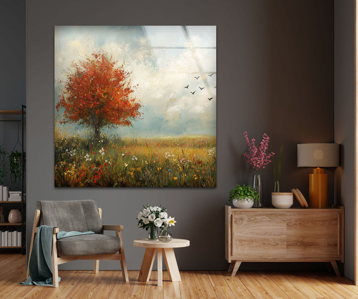 Golden Meadow Breeze – Red Tree in Bloom Glass Wall Art